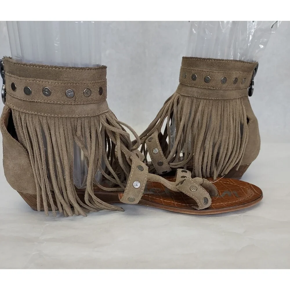 Sam Edelman Dazey Suede Sandals Womens 8 Gladiator Flat Boho Fringe Smokey Taupe - Picture 6 of 11